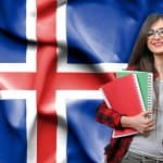 Student with books and Icelandic flag