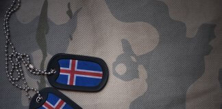 Military dog tags customized with the Icelandic flag over a camo fabric