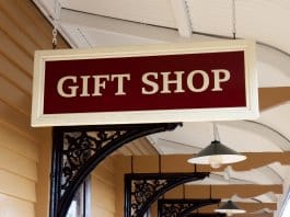 Gift shops sign hanging from the ceiling for shopping Souvenirs In Iceland