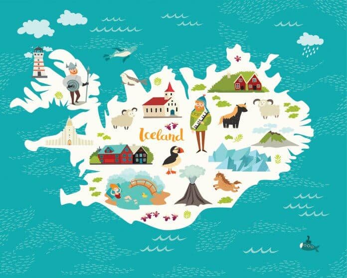 Iceland map with various attractions and things to do