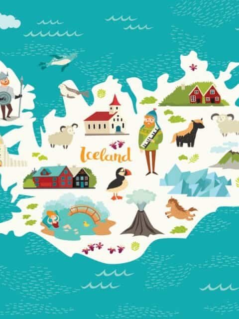 Iceland map with various attractions and things to do