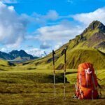 Backpack and Hiking Poles in Landmannalaugar and hiking the Laugavegur Trail in Iceland
