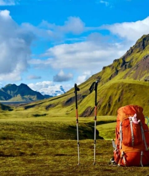 Backpack and Hiking Poles in Landmannalaugar and hiking the Laugavegur Trail in Iceland