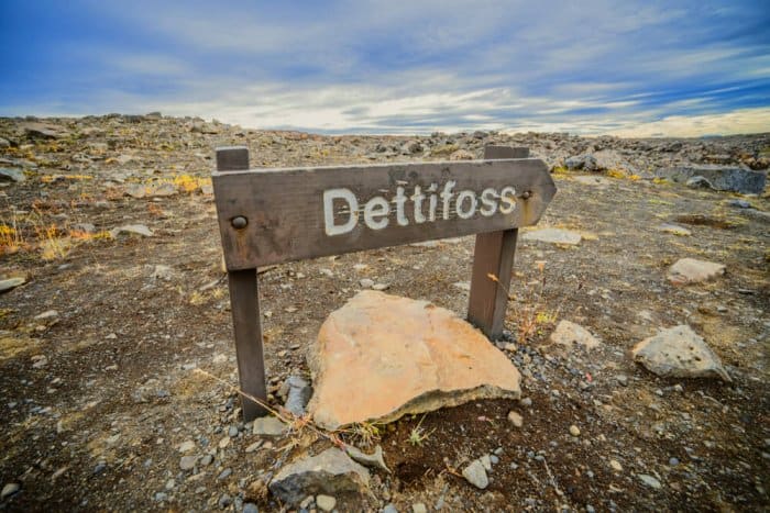 Dettifoss waterfall sign in the Diamond Circle, North Iceland