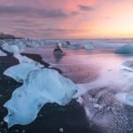Jökulsárlón Glacier Lagoon at dawn with a beautiful purple light