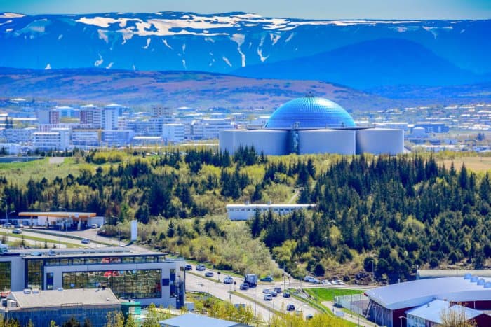 The Perlan dome with observational deck and planetarium in Reyjavik during 24 hour stop