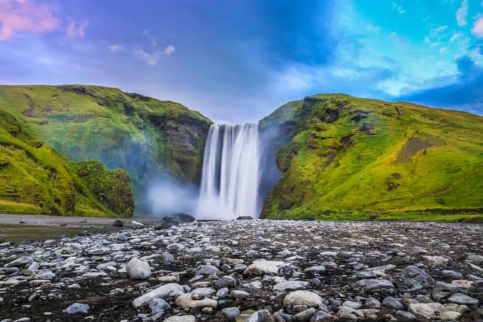 Skogafoss waterfall experiencing good weather in Iceland in September