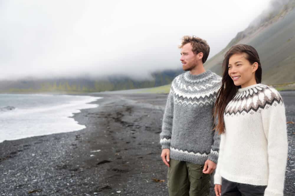 Keeping warm with traditional Lopapeysa wool sweaters. Iceland's weather in September can be chilly. 