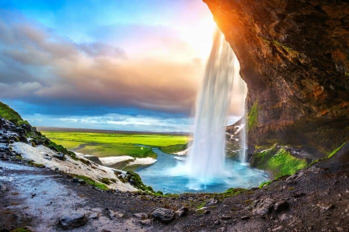 Iceland's most beautiful waterfall, Seljalandsfoss, viewed from the side
