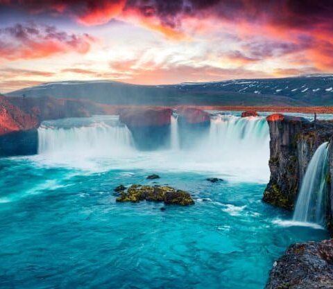 Icelandic Godafoss waterfall at sunset