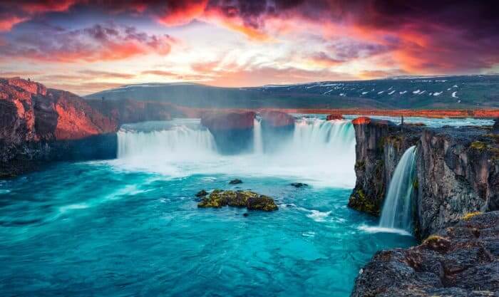 Icelandic Godafoss Waterfall At Sunset