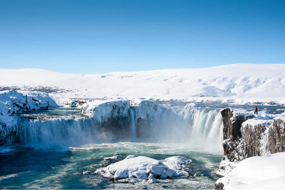 Frozen Godafoss waterfall during cold Icelandic February weather