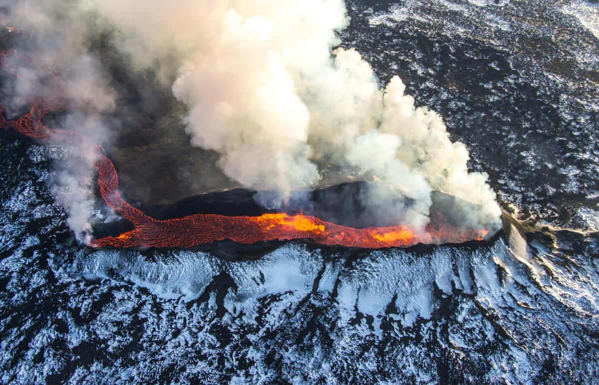 Eruption of a snowy volcano in Iceland