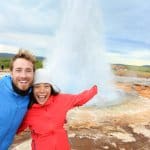 Iceland honeymoon couple at geyser