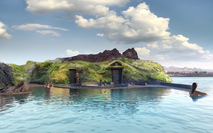 Turf Houses Surrounding The Sky Lagoon Thermal Waters