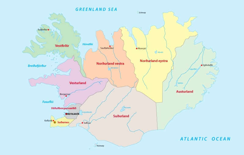 Regions of Iceland on a map