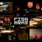 A collage showcasing the elegant interior and exquisite dishes of Fish Market in Reykjavik. The central image highlights the restaurant's dining area with modern lighting and table settings. Surrounding images display a variety of gourmet dishes, including seafood and drinks, capturing the essence of a luxurious dining experience.