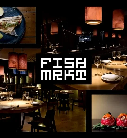 Discover the Best of Fish Market Reykjavik 1 A collage showcasing the elegant interior and exquisite dishes of Fish Market in Reykjavik. The central image highlights the restaurant's dining area with modern lighting and table settings. Surrounding images display a variety of gourmet dishes, including seafood and drinks, capturing the essence of a luxurious dining experience.
