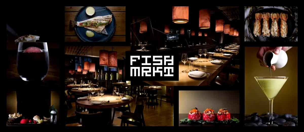 Discover the Best of Fish Market Reykjavik 1 A collage showcasing the elegant interior and exquisite dishes of Fish Market in Reykjavik. The central image highlights the restaurant's dining area with modern lighting and table settings. Surrounding images display a variety of gourmet dishes, including seafood and drinks, capturing the essence of a luxurious dining experience.